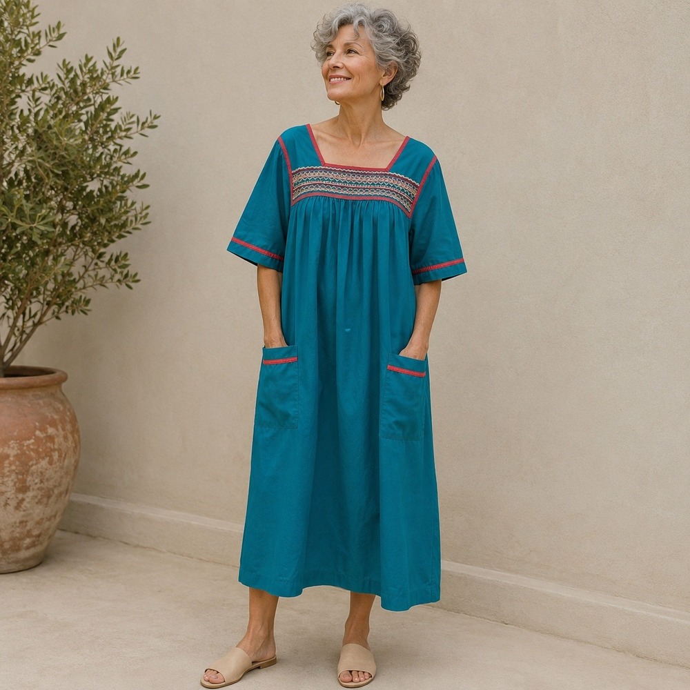 Embroidered Muumuu House Dress Womens S Teal Blue Patio Mrs Roper Wrinkle Resist